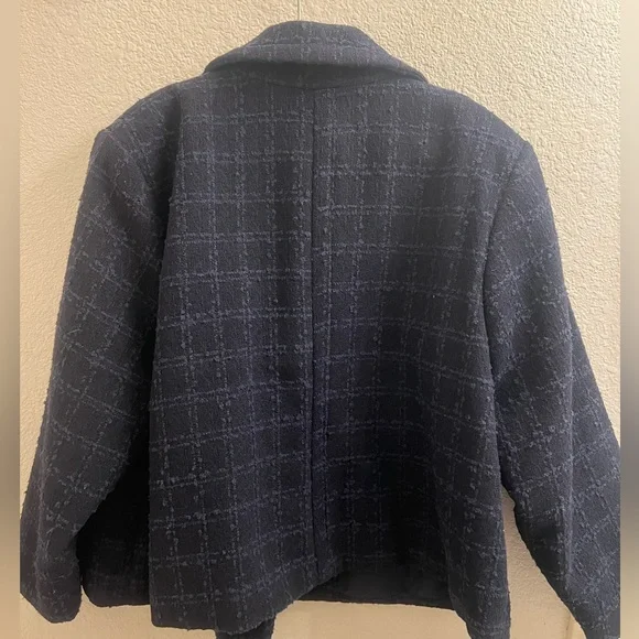 NWT Lauren Conrad tweed dble breasted jacket navy blue w/lghtr blue threading 2x - Picture 7 of 8